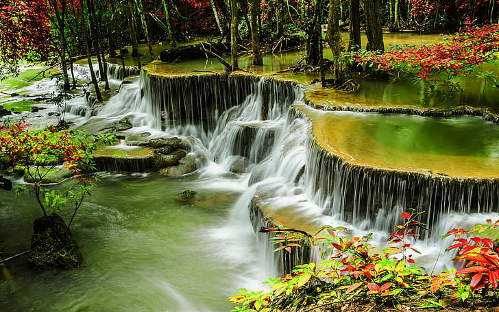 Thailand Kanchanaburi Province Huay Mae Khamin Waterfall With Cascades Green Water Bumps Trees Red Leaves Autumn Scenario Desktop Wallpaper Hd 3840×2400