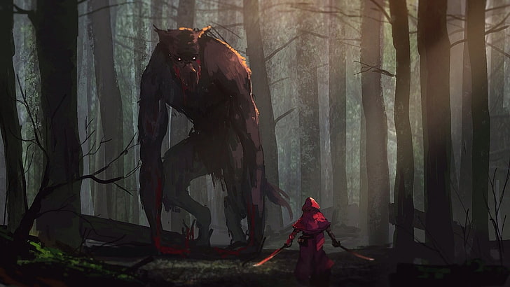wolf and samurai under trees wallpaper, werewolves, sword, Little Red Riding Hood