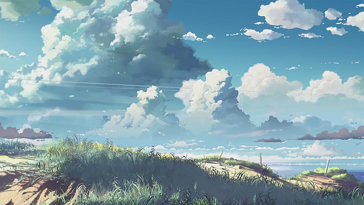 green mountains digital wallpaper, clouds, 5 Centimeters Per Second