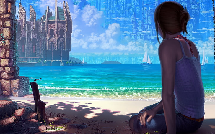 woman sitting on seashore digital wallpaper, CGI, fantasy city