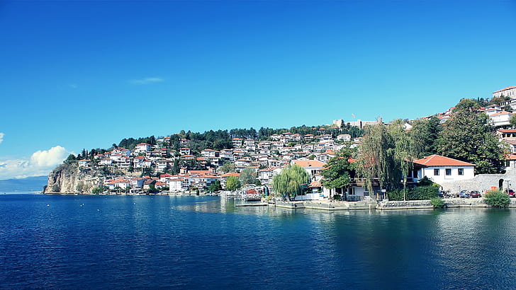 coast, Ohrid, town, lake, Macedonia, cityscape, HD wallpaper