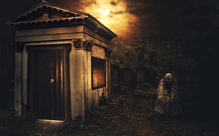 person in robe near shed digital wallpaper, night, crypt, death