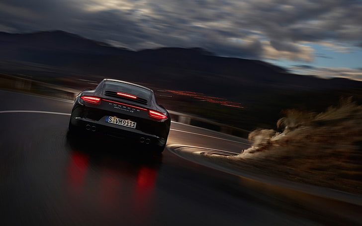 black sports car, road, Porsche, Porsche 911 Carrera 4S, mode of transportation, HD wallpaper