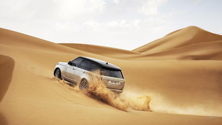 gray and black car die-cast model, Range Rover, desert, vehicle, HD wallpaper