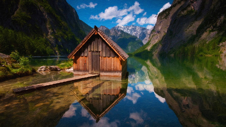 brown wooden house on body of water, obersee lake, mountain, reflection, HD wallpaper
