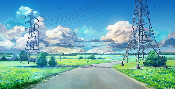 power lines, clouds, blue, green, Everlasting Summer, ArseniXC