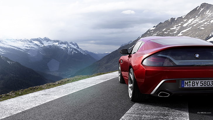 red 5-door hatchback, BMW Z4, car, mountain, transportation, mode of transportation