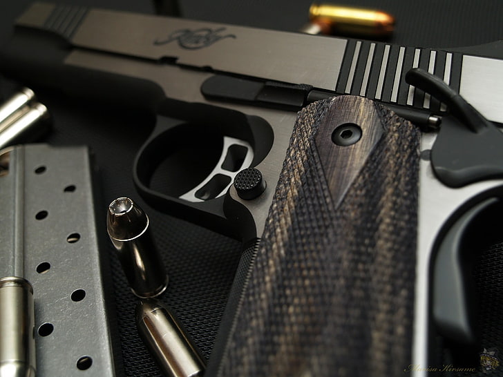 gun, Colt 1911, ammunition, weapon, handgun, warning sign, social issues, HD wallpaper