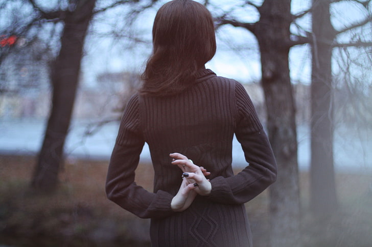brunette, nature, back, forest, sweater, holding hands, tree