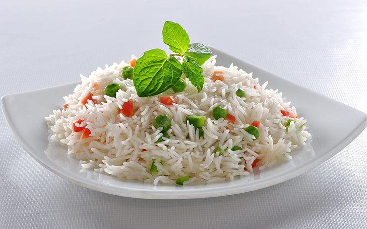 white basmati rice, table, plate, carrots, peas, appetizing, food, HD wallpaper