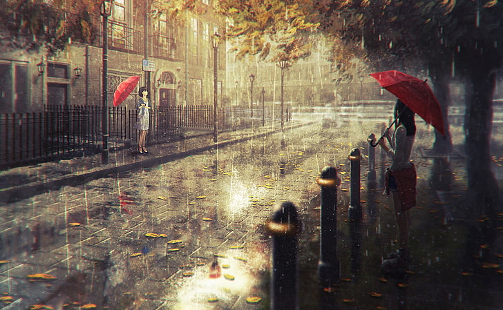 anime, cityscape, anime girls, umbrella, rain, water, wet, protection