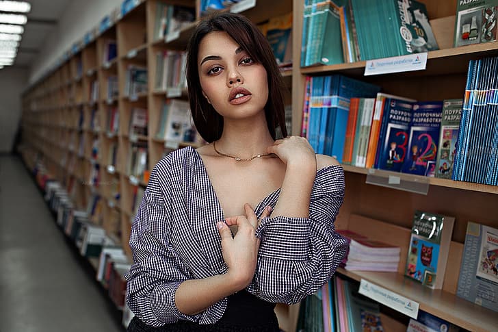 look, pose, model, books, skirt, portrait, makeup, hairstyle, HD wallpaper