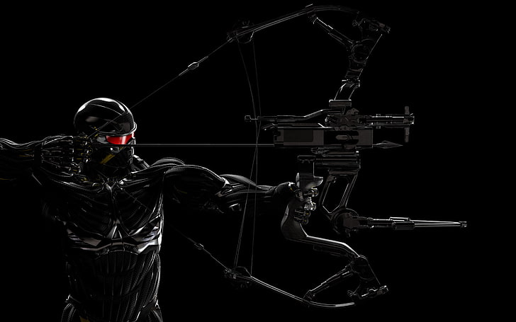 man holding compound bow wallpaper, the dark background, male, HD wallpaper