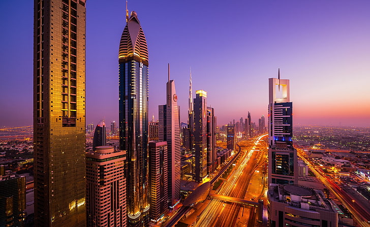 Dubai, city, building, city lights, sunset, office building exterior, HD wallpaper