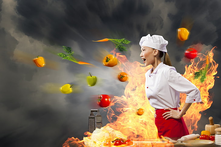 white chef hat, girl, creative, fire, cook, Asian, vegetables, HD wallpaper