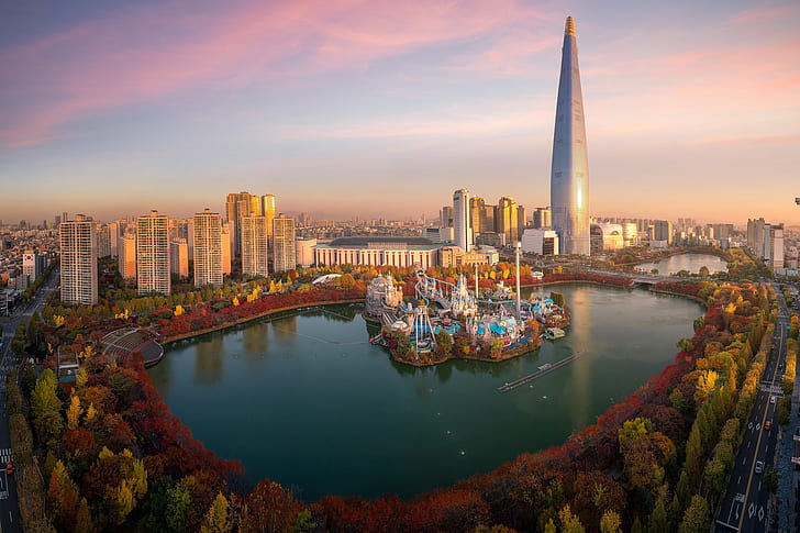 autumn, lake, Park, building, tower, home, South Korea, Seoul, HD wallpaper