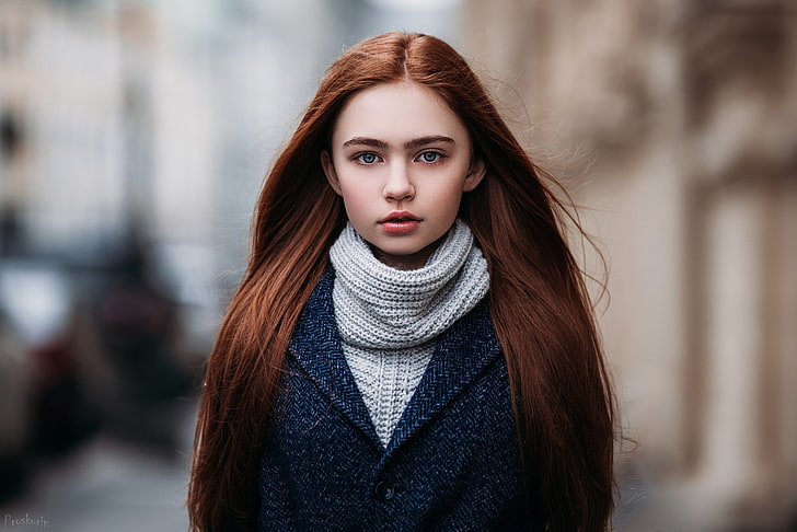 women's gray sweater, woman wearing grey scarf and jacket, redhead