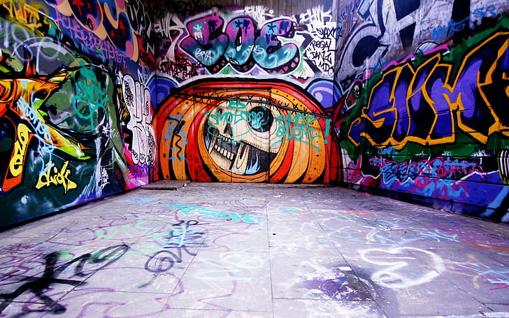 wall, graffiti, urban, colorful, skull, HD wallpaper