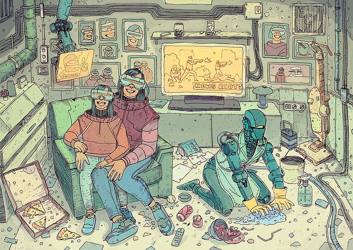 people sitting on sofa chair while robot cleaning digital wallpaper