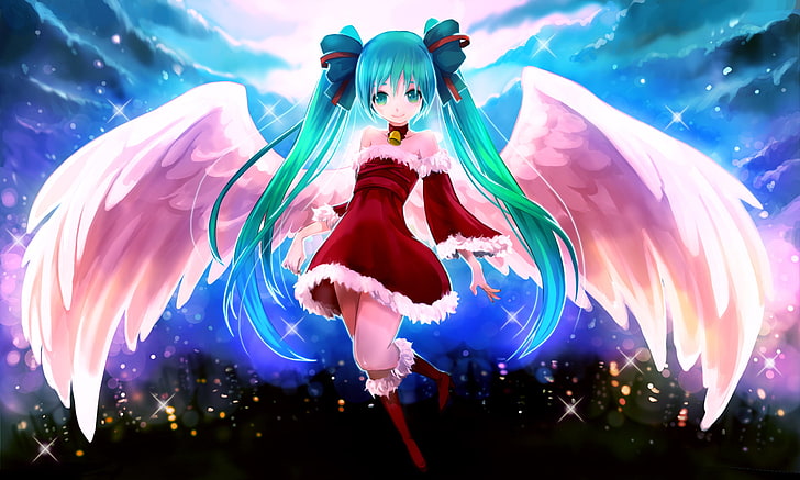 Hatsune Miku angel digital wallpaper, girl, joy, new year, wings