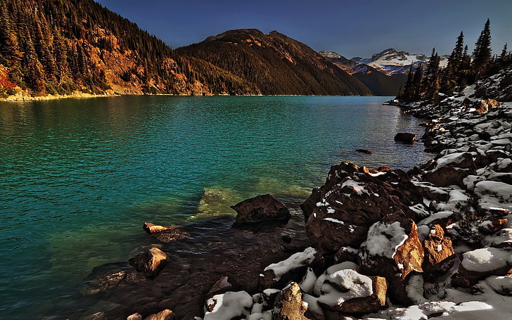 landscape, sky, lake, snow, nature, winter, water, rock, beauty in nature, HD wallpaper