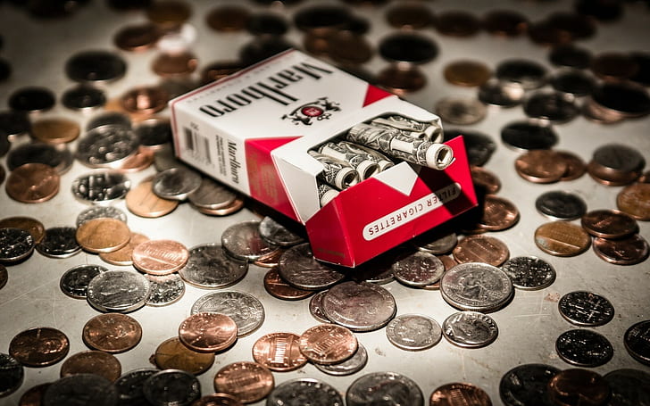 cigarettes, money, dollars, Marlboro, coins