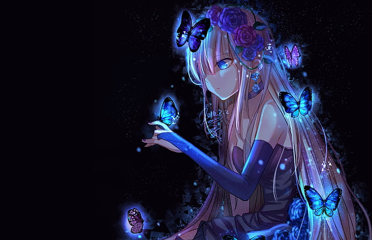 girl, butterfly, darkness, anime, art