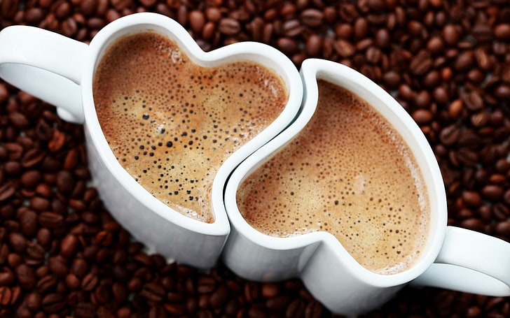 two white ceramic coffee mugs, drink, coffee beans, coffee - drink, HD wallpaper