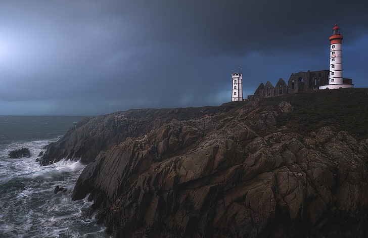 white lighthouse towers poster, nature, landscape, sea, rocks, HD wallpaper