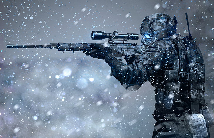 sniper illustration, soldier, sniper rifle, winter, snow, science fiction