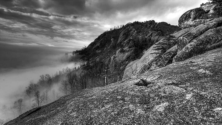 rock, hills, mist, monochrome, nature, clouds, landscape, HD wallpaper