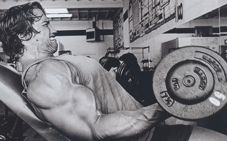 Arnold Schwarzenegger, working out, monochrome, Bodybuilder, weightlifting
