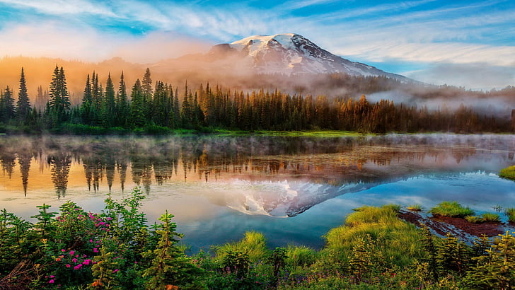 spring, mountain, lake, reflection, trees, nature, sky, wilderness