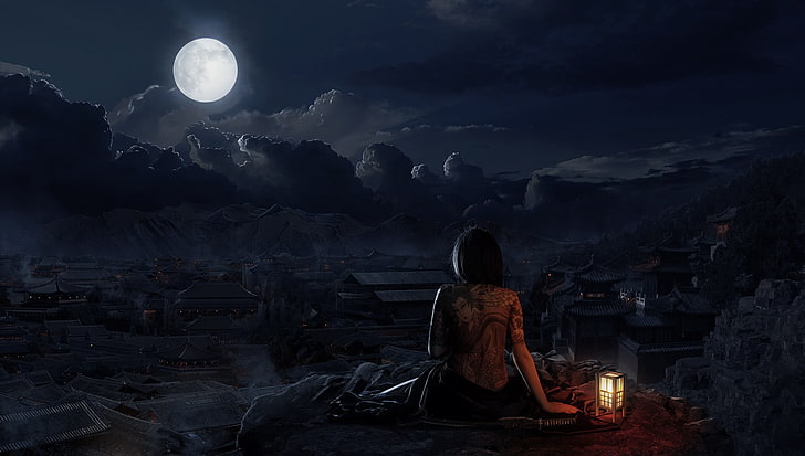 woman sitting in front of moon digital wallpaper, village, night, HD wallpaper