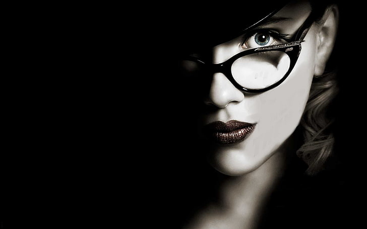 women's cat-eye black framed eyeglasses, Scarlett Johansson, headshot, HD wallpaper