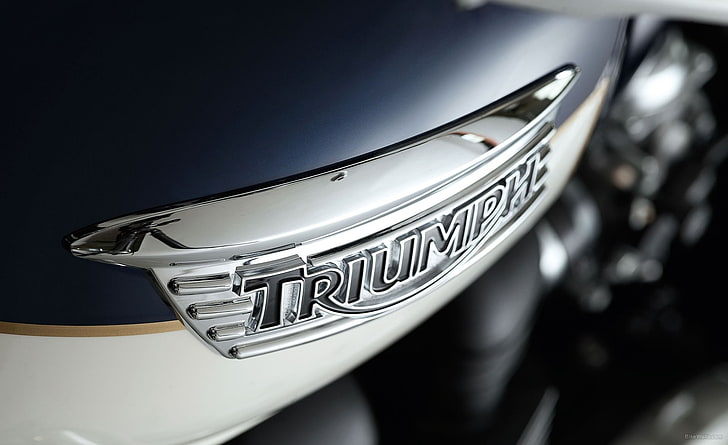 Triumph Motorcycles, silver-colored Triumph vehicle decal, text, HD wallpaper