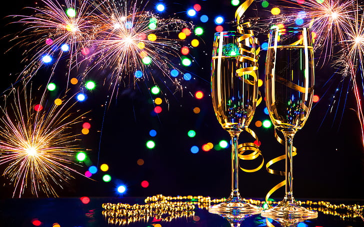Happy New Year 2019 Glasses Of Champagne And Fireworks Desktop Wallpaper Hd For Mobile Phones And Laptops 2880×1800, HD wallpaper