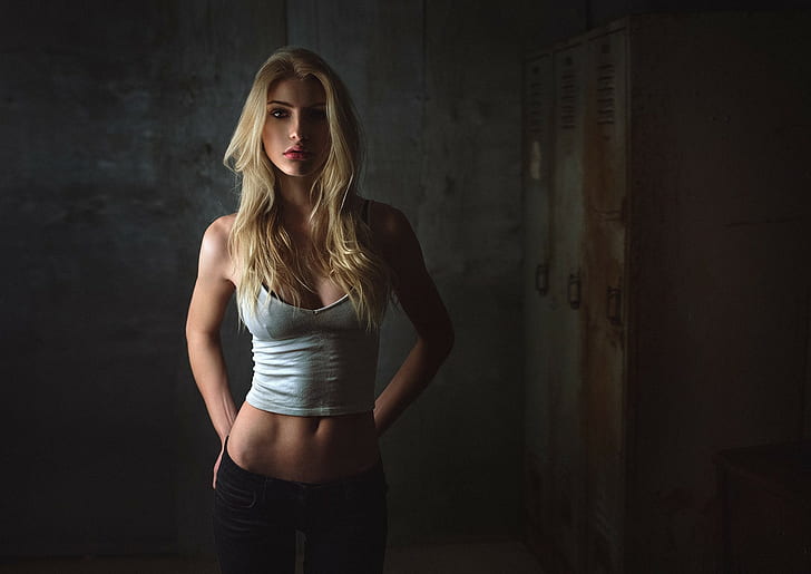 women blonde juicy lips cleavage model tank top black bras jeans portrait, HD wallpaper