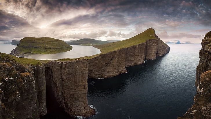 cliff, clouds, nature, sunset, landscape, photography, Faroe Islands