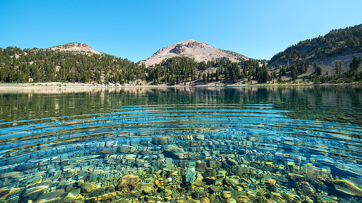 water, mountain, sun, beauty, lassen peak, lake, lassen volcanic national park, HD wallpaper
