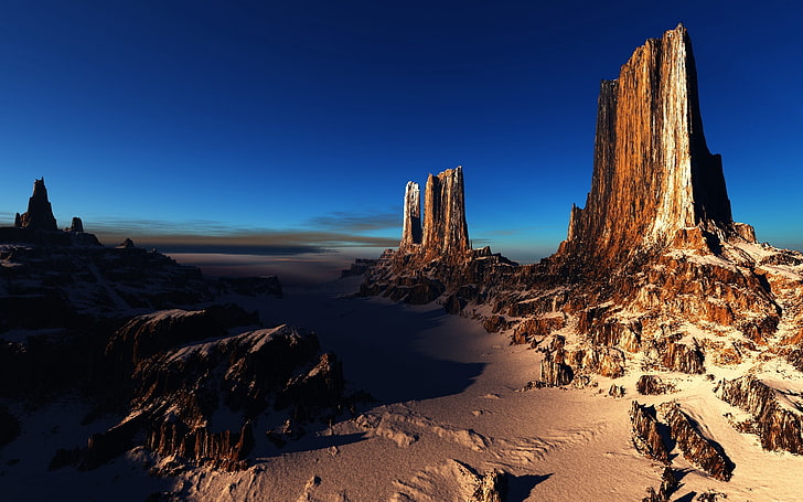 brown rock formation, rocks, canyons, desert, peaks, shadows, HD wallpaper