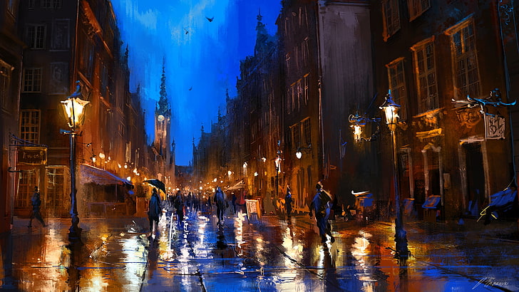 two black paintings, watercolor, night, rain, city, Ozabrout, HD wallpaper