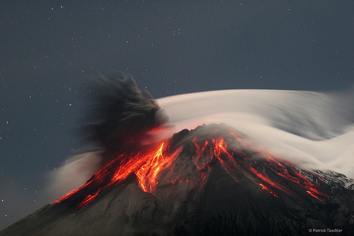 exploding mountain, nature, landscape, clouds, trees, volcano
