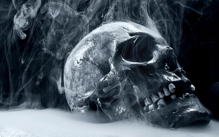 digital art, people, skull, teeth, simple background, smoke