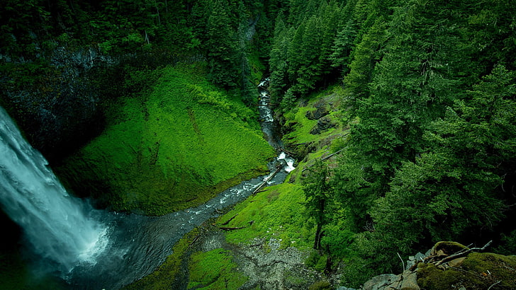 waterfall, stream, body of water, watercourse, green, photograph, HD wallpaper