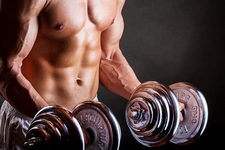 Bodybuilding, athlete, dumbbells, man, HD wallpaper