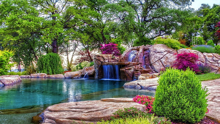 water, waterfall, lake, garden, plant, trees, nature
