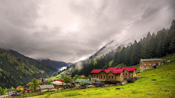 houses on green mountain under gray sky at daytime, Turkey, Rize, HD wallpaper