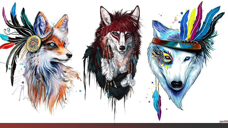 three wolves abstract painting, wolf, collage, animals, furry, HD wallpaper
