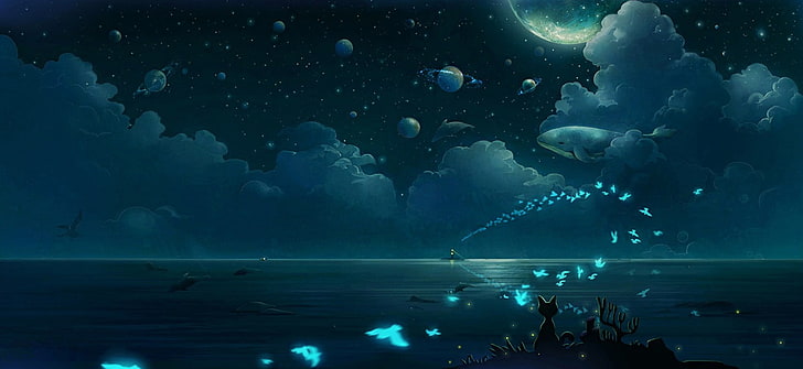 illustration of body of water, butterfly, clouds, night, planet